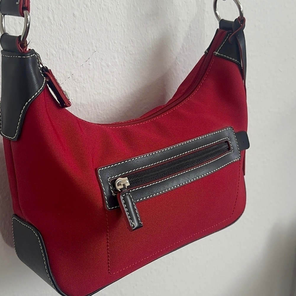 Vintage Tommy Hilfiger Red Canvas Shoulder Bag Black Trim Y2K Hobo Purse Style - Picture 2 of 4
